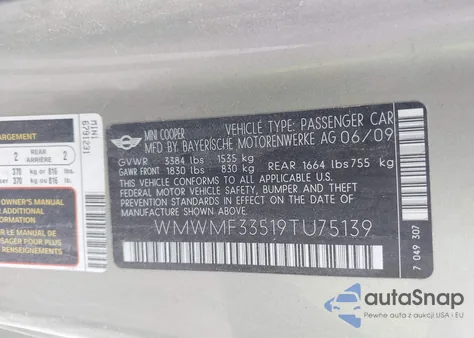 2009 Mini Cooper z USA, uszkodzony, nr VIN WMWMF33519TU75139